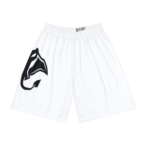 White Athletic Shorts with Black Abstract Shark Graphic — Men's Sports Shorts