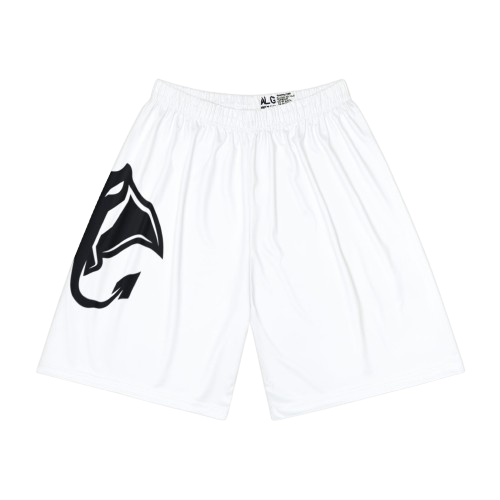 White Athletic Shorts with Black Abstract Shark Graphic — Men's Sports Shorts