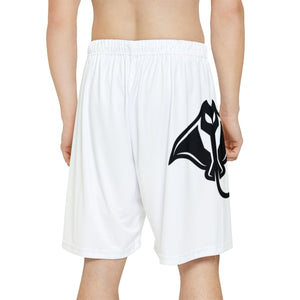 White Athletic Shorts with Black Abstract Shark Graphic — Men's Sports Shorts