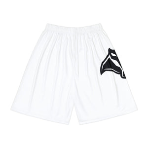 White Athletic Shorts with Black Abstract Shark Graphic — Men's Sports Shorts