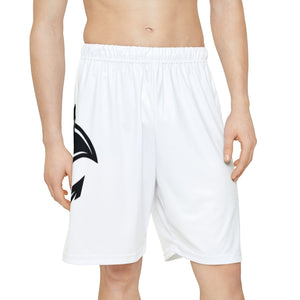 White Athletic Shorts with Black Abstract Shark Graphic — Men's Sports Shorts